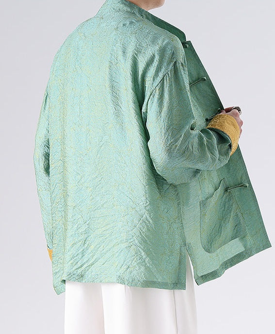 Green Men's Oriental Jacquard Kung Fu Tang Shirt  jacket worn by a person on a white background