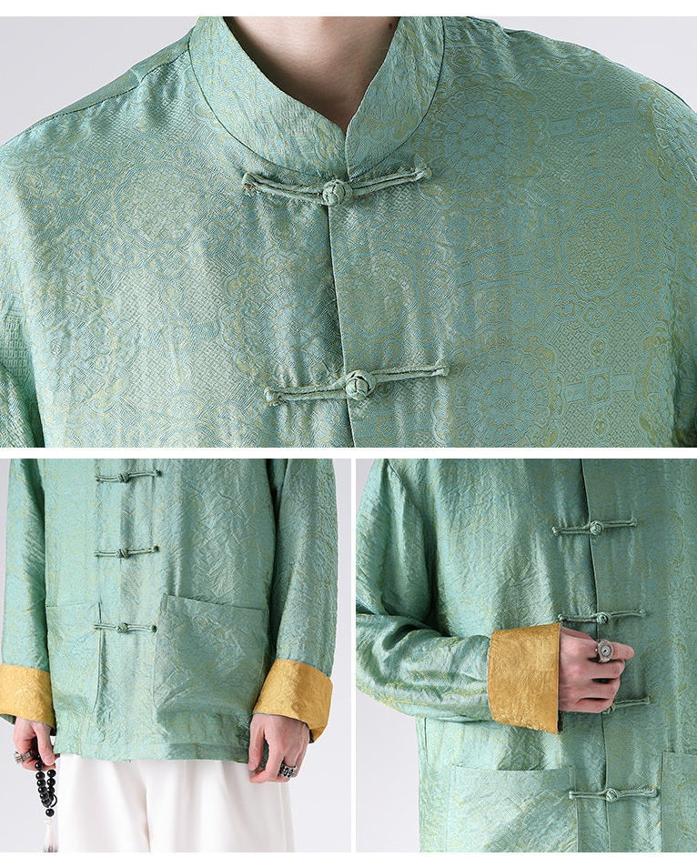 Green traditional Men's Oriental Jacquard Kung Fu Tang Shirt  with gold accents on a white background