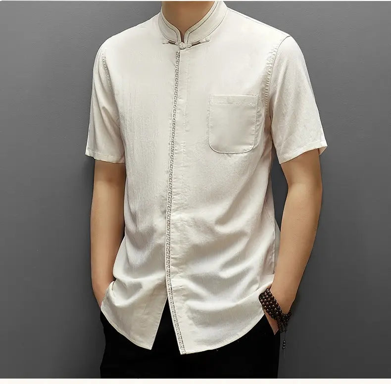 white Men's Short-Sleeve Mandarin Collar kongfu Shirt