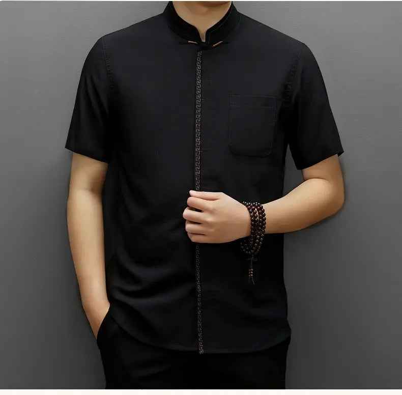 Men's Short-Sleeve Mandarin Collar black tang Shirt