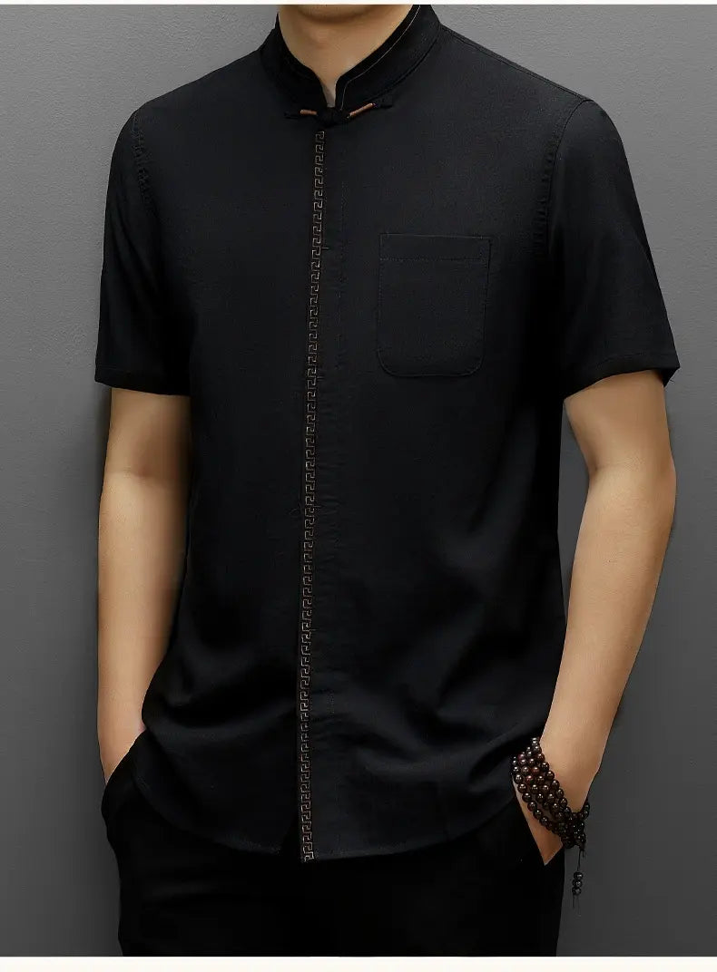 Men's Short-Sleeve Mandarin Collar black tang Shirt