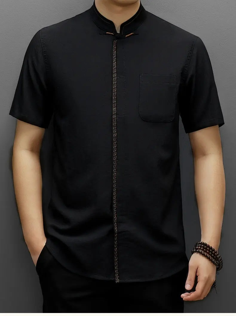 Men's Short-Sleeve Mandarin Collar black tang Shirt