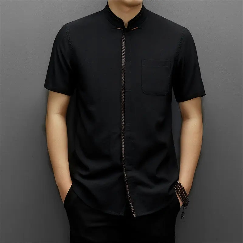 Men's Short-Sleeve Mandarin Collar black chinese tang Shirt
