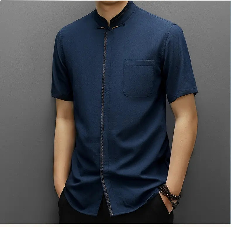 Men's Short-Sleeve Mandarin Collar blue  tang Shirt