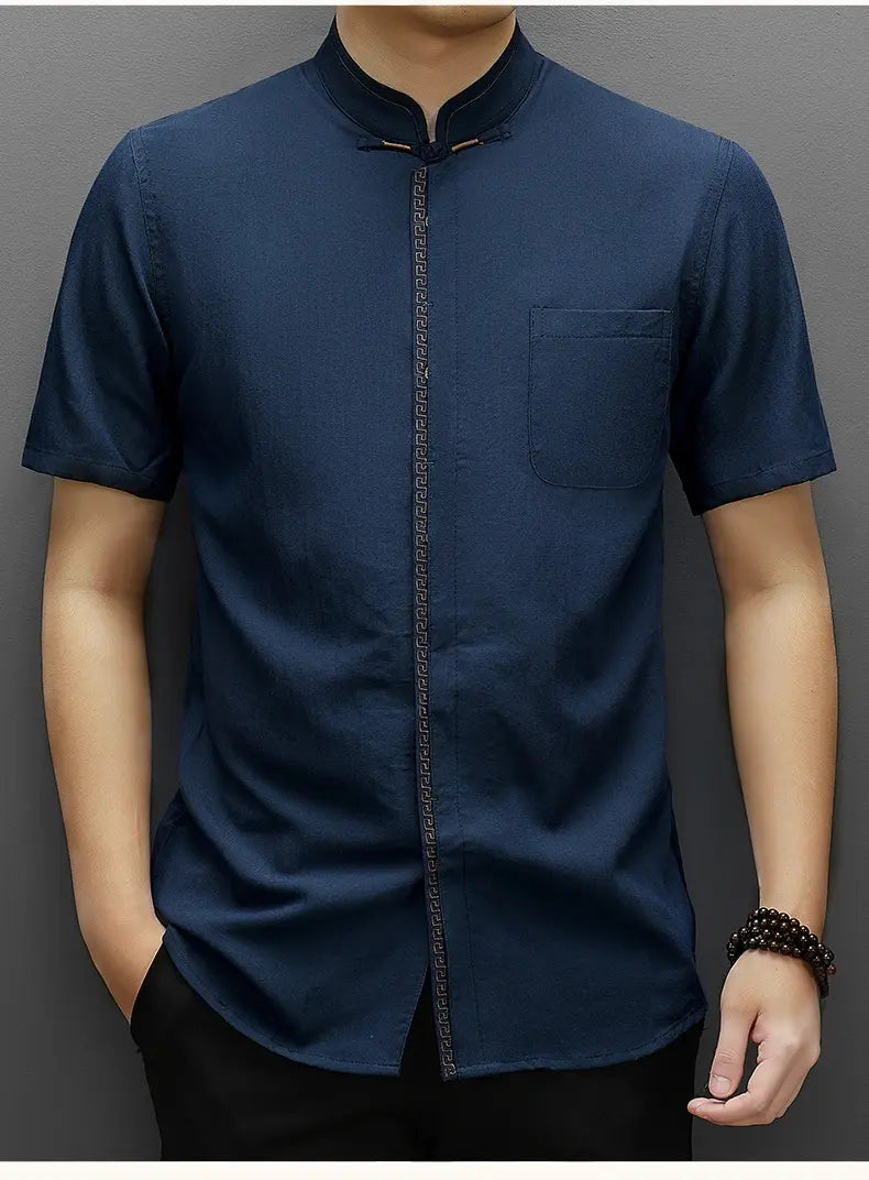 Men's Short-Sleeve Mandarin Collar blue kongfu Chinese Shirt for summer