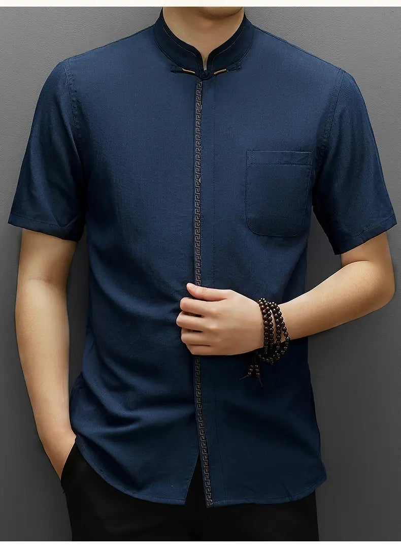 Men's Short-Sleeve Mandarin Collar blue  tang Shirt