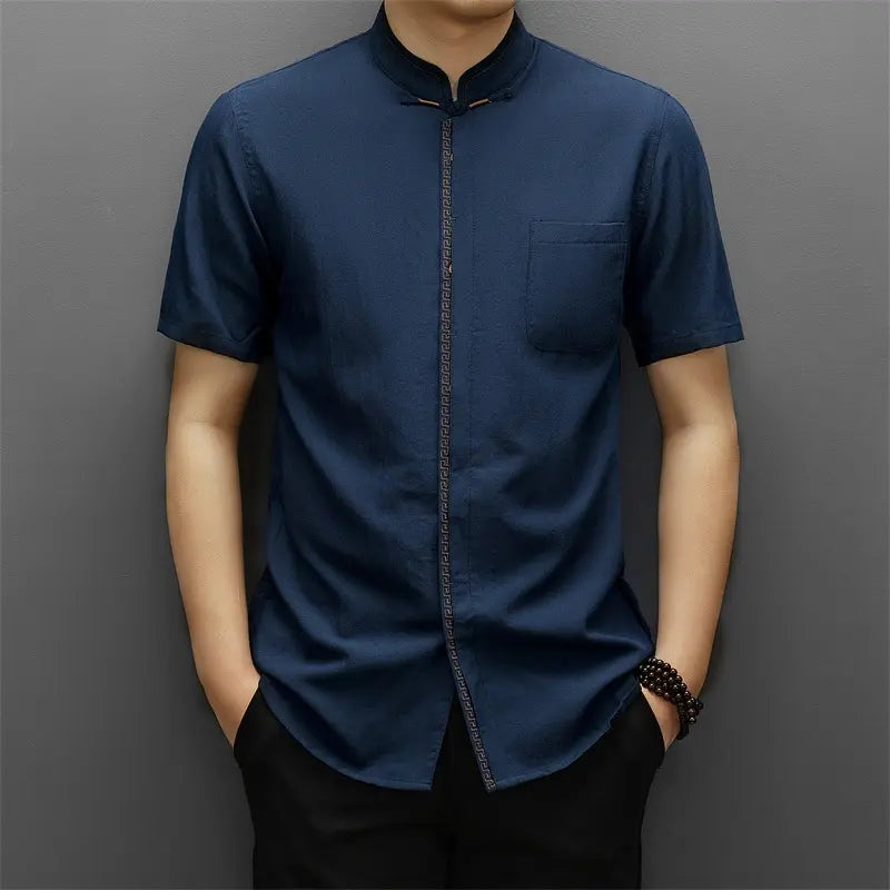 Men's Short-Sleeve Mandarin Collar blue  tang Shirt