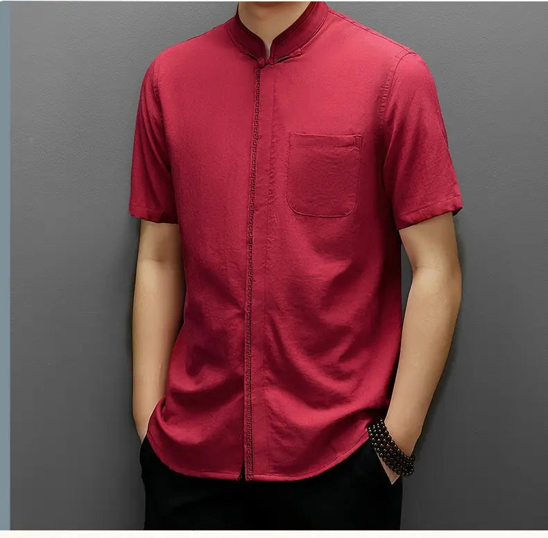 Men's Short-Sleeve Mandarin Collar red chinese tang Shirt