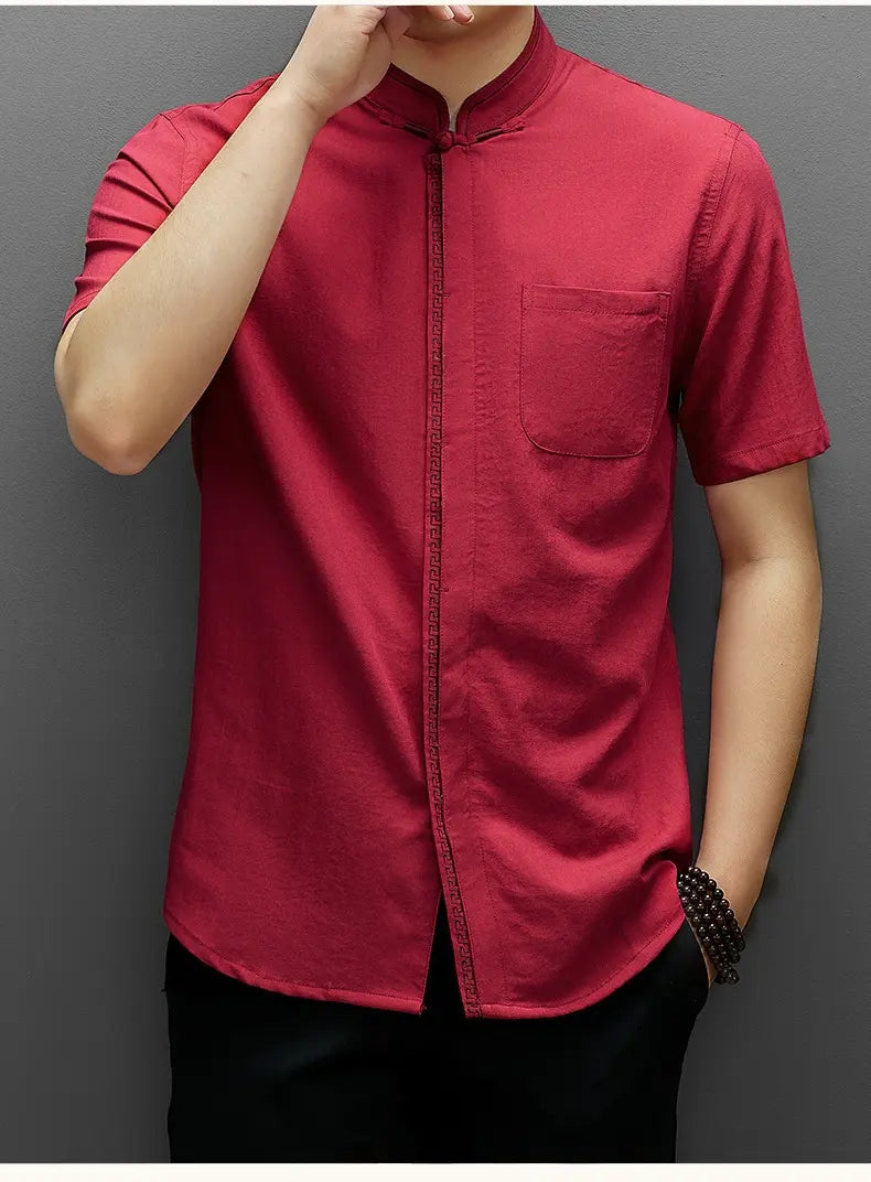 Men's Short-Sleeve Mandarin Collar red chinese tang Shirt