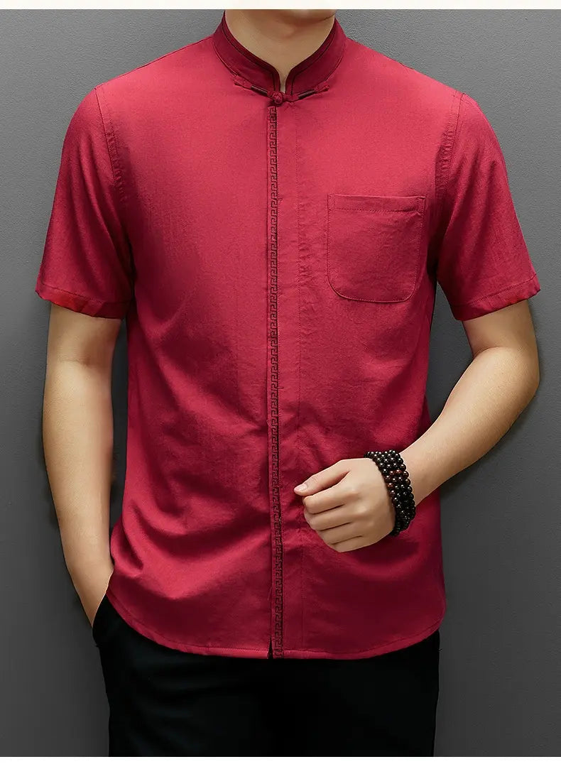 Men's Short-Sleeve Mandarin Collar red chinese tang Shirt