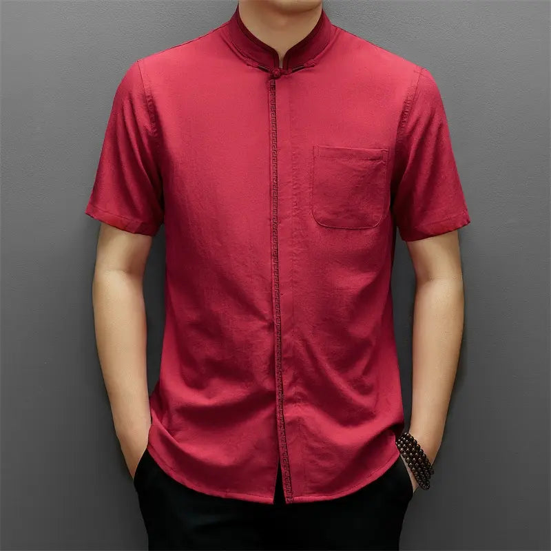Men's Short-Sleeve Mandarin Collar red chinese tang Shirt