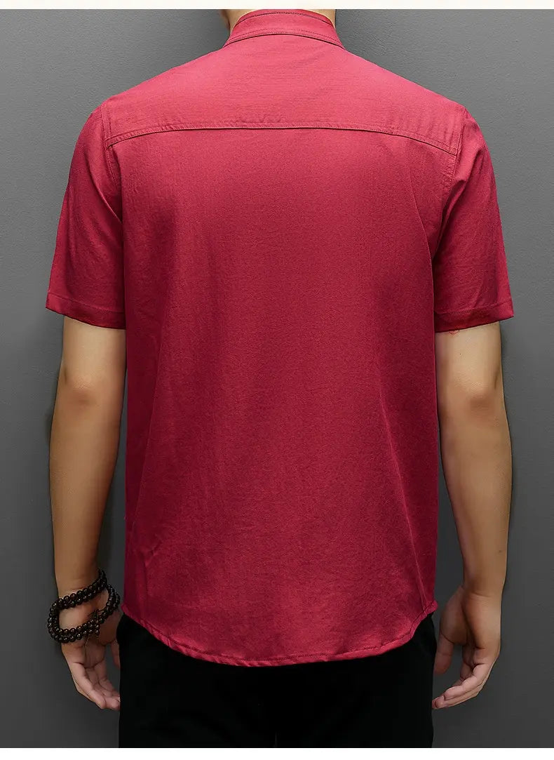 Men's Short-Sleeve Mandarin Collar red chinese tang Shirt