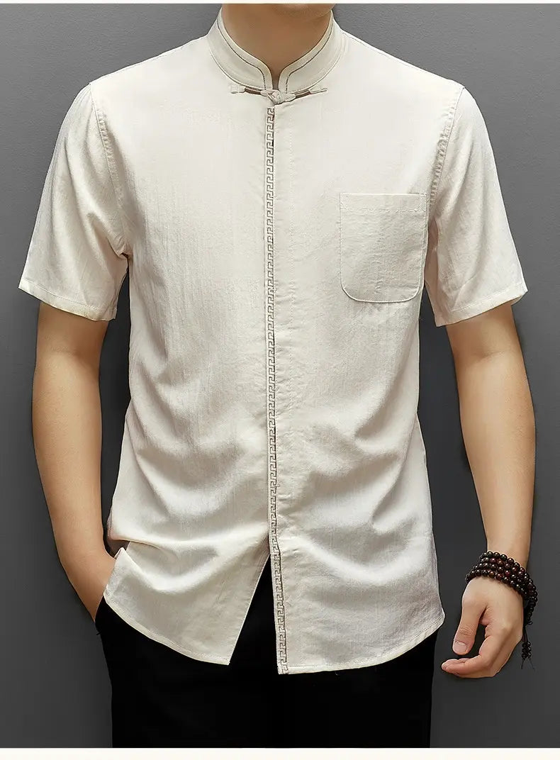Men's Short-Sleeve Mandarin Collar white tang Shirt