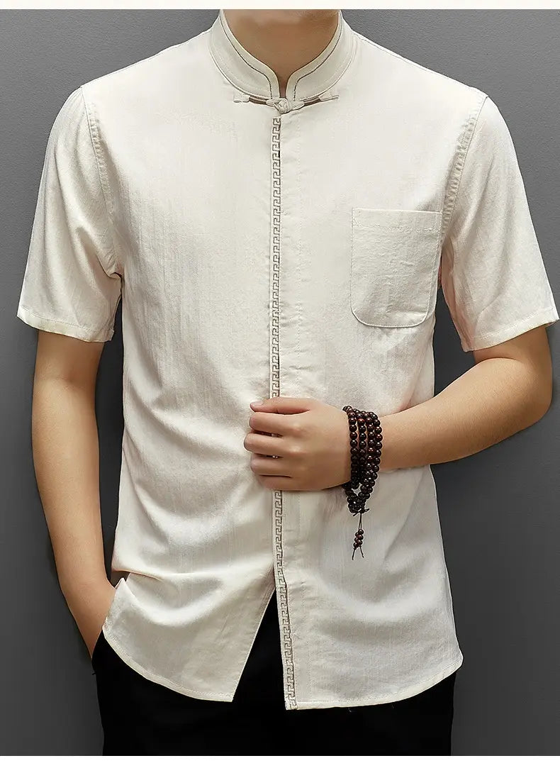 Men's Short-Sleeve Mandarin Collar white tang Shirt 
