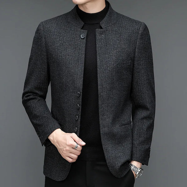 Black Men's Slim Fit Chinese Zhongshan Suit Jacket-Striped Mandarin Collar Blazer