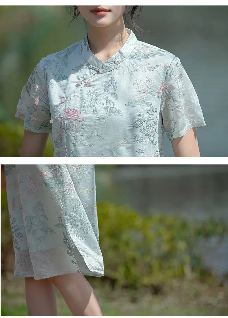 Light-colored floral dress worn by a person with a blurred natural background