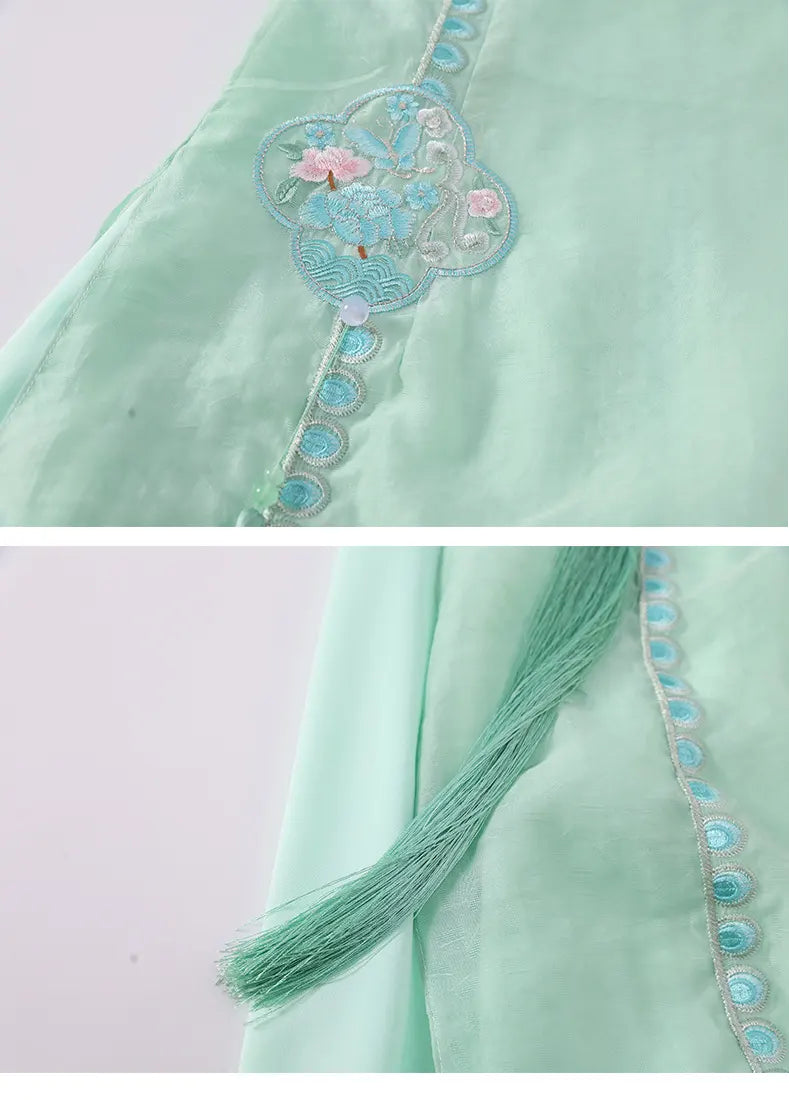 Light green fabric with intricate blue and pink embroidery on a white background