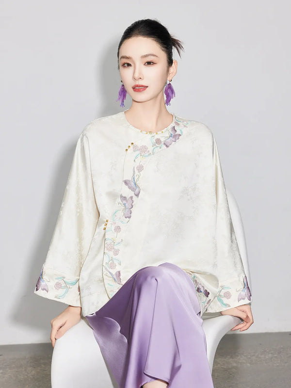 Modern Chinese Style Ivory & Lavender Top & Skirt