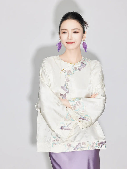 Modern Chinese Style Ivory & Lavender Top & Skirt