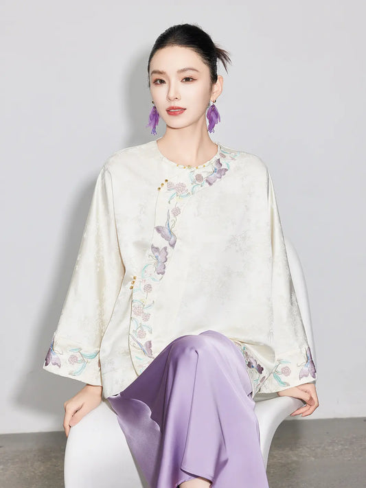 Modern Chinese Style Ivory & Lavender Top & Skirt