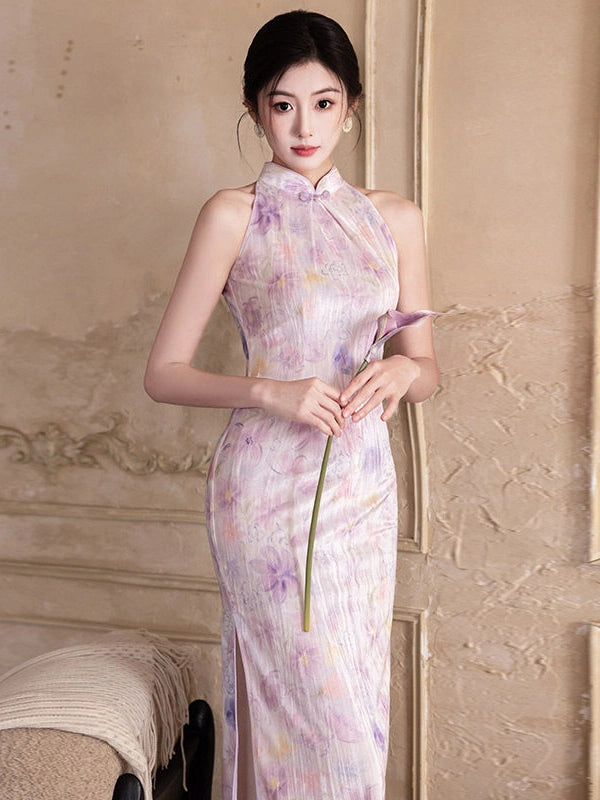 Modern Halter Neck Floral Velvet Qipao Dress