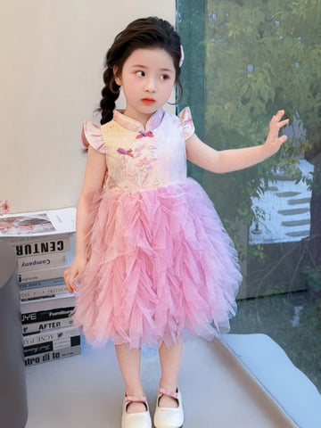 Modern Pink Floral Tutu Qipao Dress for Girls