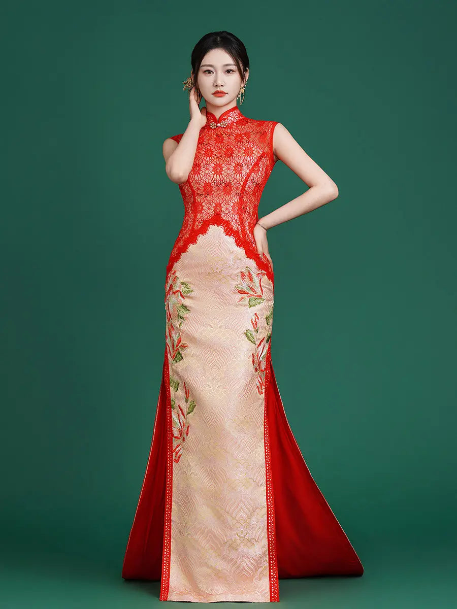 Woman wearing a red and beige traditional Modern Red Lace Overlay Jacquard Wedding Qipao with Train dress on a green background