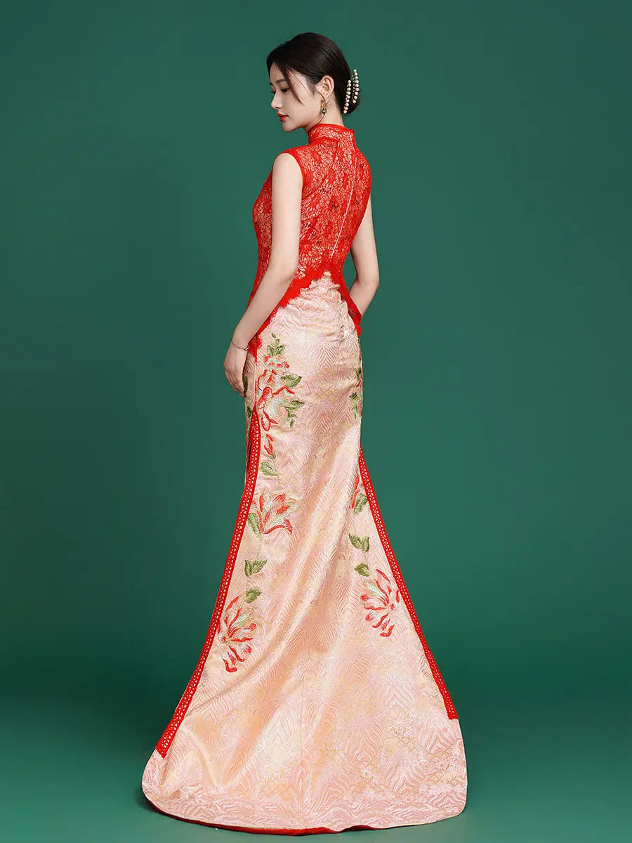 Woman wearing a traditional embroidered Modern Red Lace Overlay Jacquard Wedding Qipao with Train  dress with red and beige colors on a green background