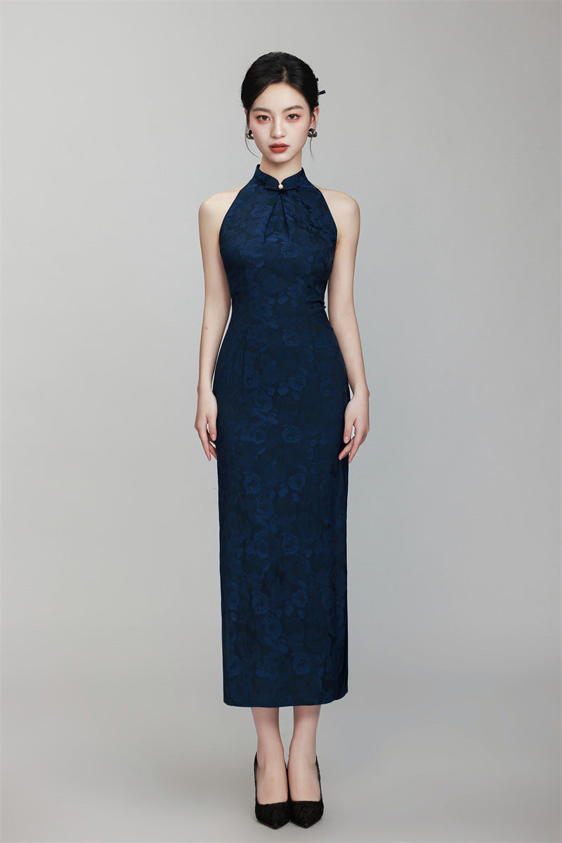 Modern navy blue halter neckline cheongsam