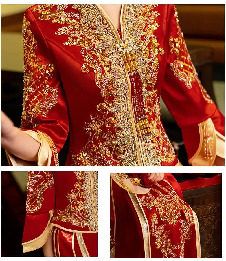 Red garment with gold embroidery in a collage format.