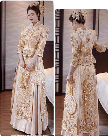 Golden Bridal  beaded Chinese Wedding Qun Kwa |Peacock