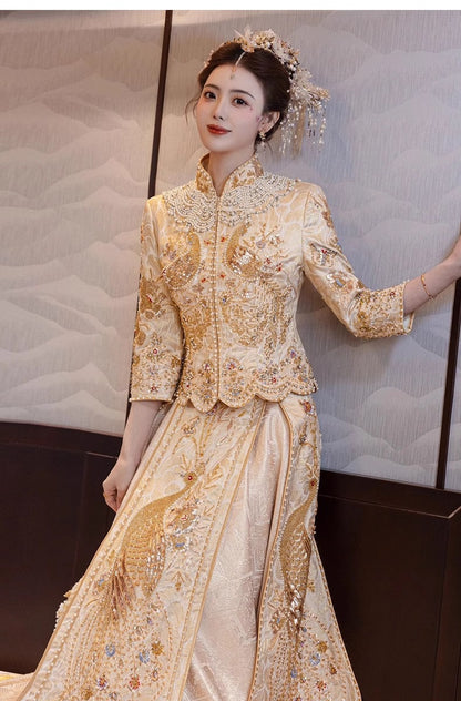 Golden Bridal  beaded Chinese Wedding Qun Kwa |Peacock