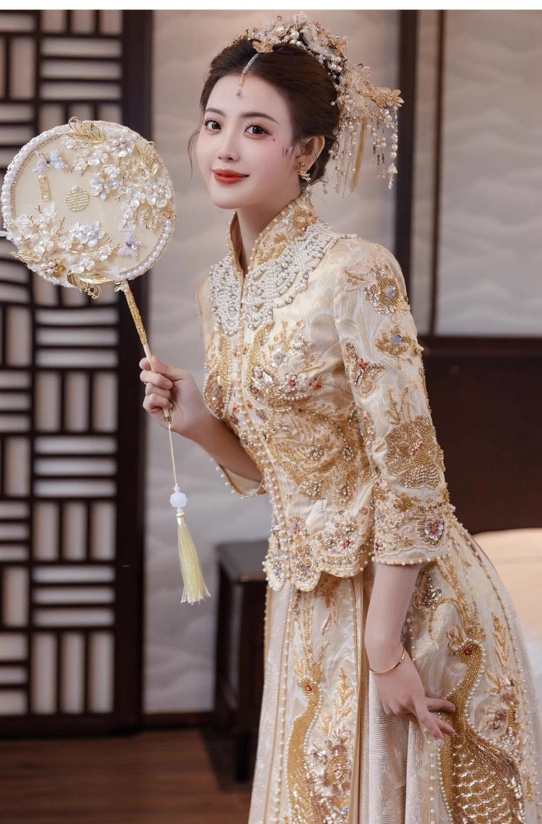 Golden Bridal  beaded Chinese Wedding Qun Kwa |Peacock