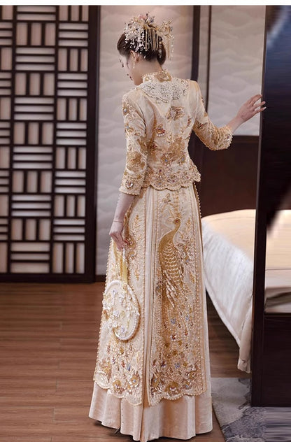 Golden Bridal  beaded Chinese Wedding Qun Kwa |Peacock