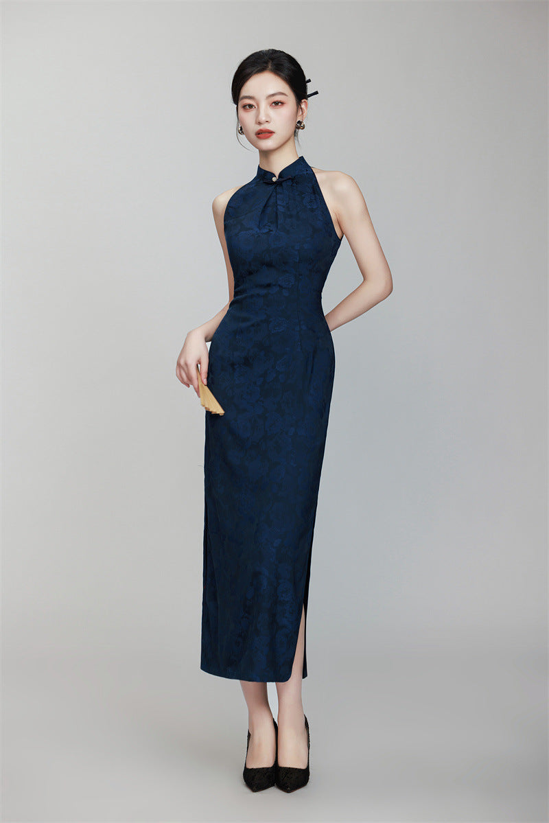 Navy Blue Halter Neck Floral Jacquard Long Qipao