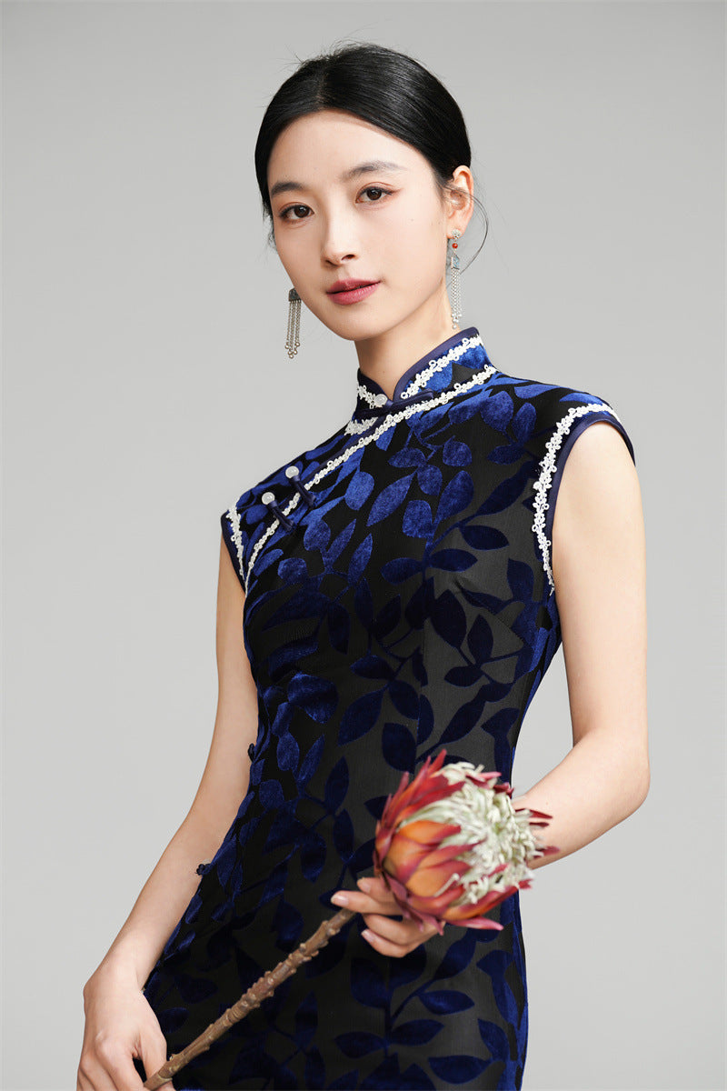 Navy Blue Velvet Lace Trim Midi Length Long Qi pao Dress
