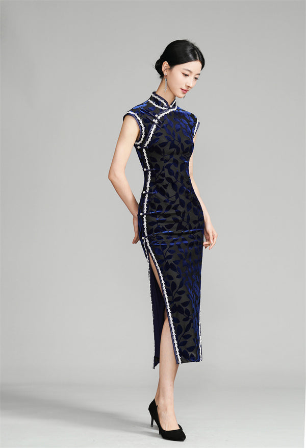 Navy Blue Velvet Lace Trim Midi LengthbLong Qipao Dress