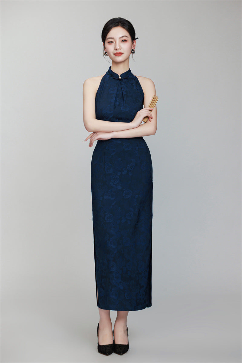 Navy blue Floral jacquard modern cheongsam dress