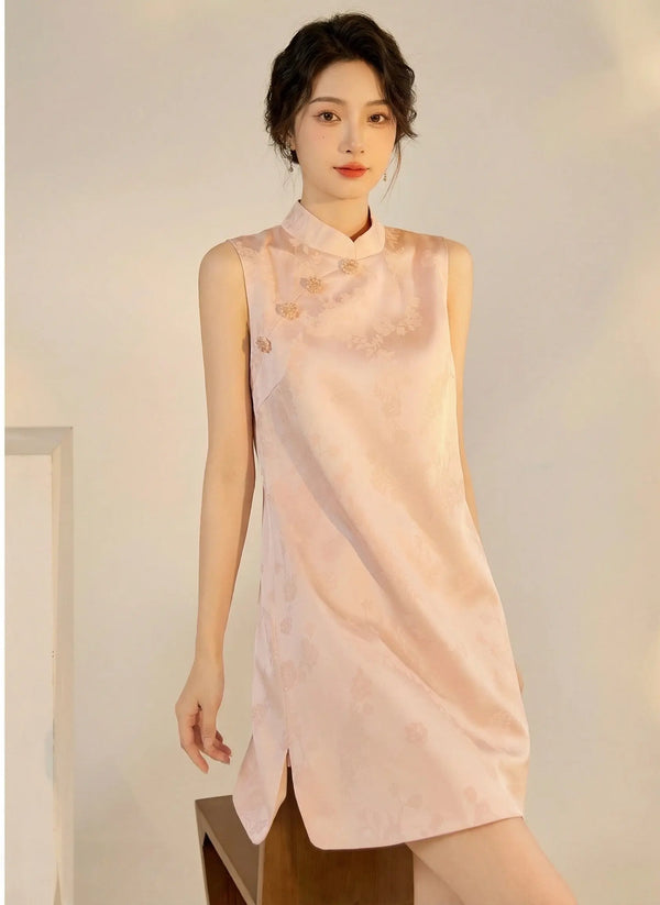 Woman wearing a New Chinese Style-Modern Pastel Pink Sleeveless A-Line Mini Qipao dress with a white background