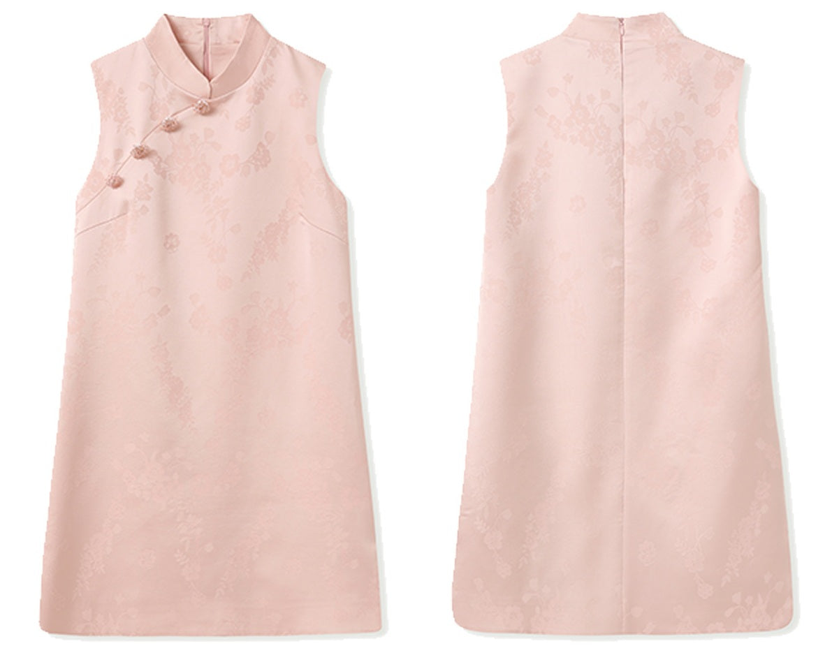 New Chinese Style-Modern Pastel Pink Sleeveless A-Line Mini Qipao  dress shown from front and back on a white background