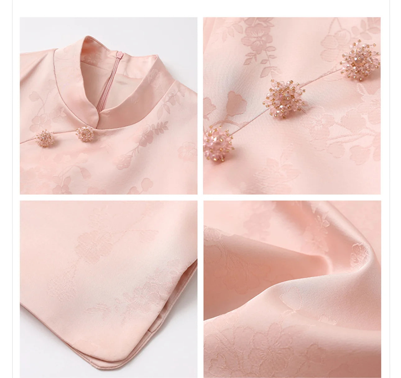 Collage of a New Chinese Style-Modern Pastel Pink Sleeveless A-Line Mini Qipao  with floral embellishments on a white background