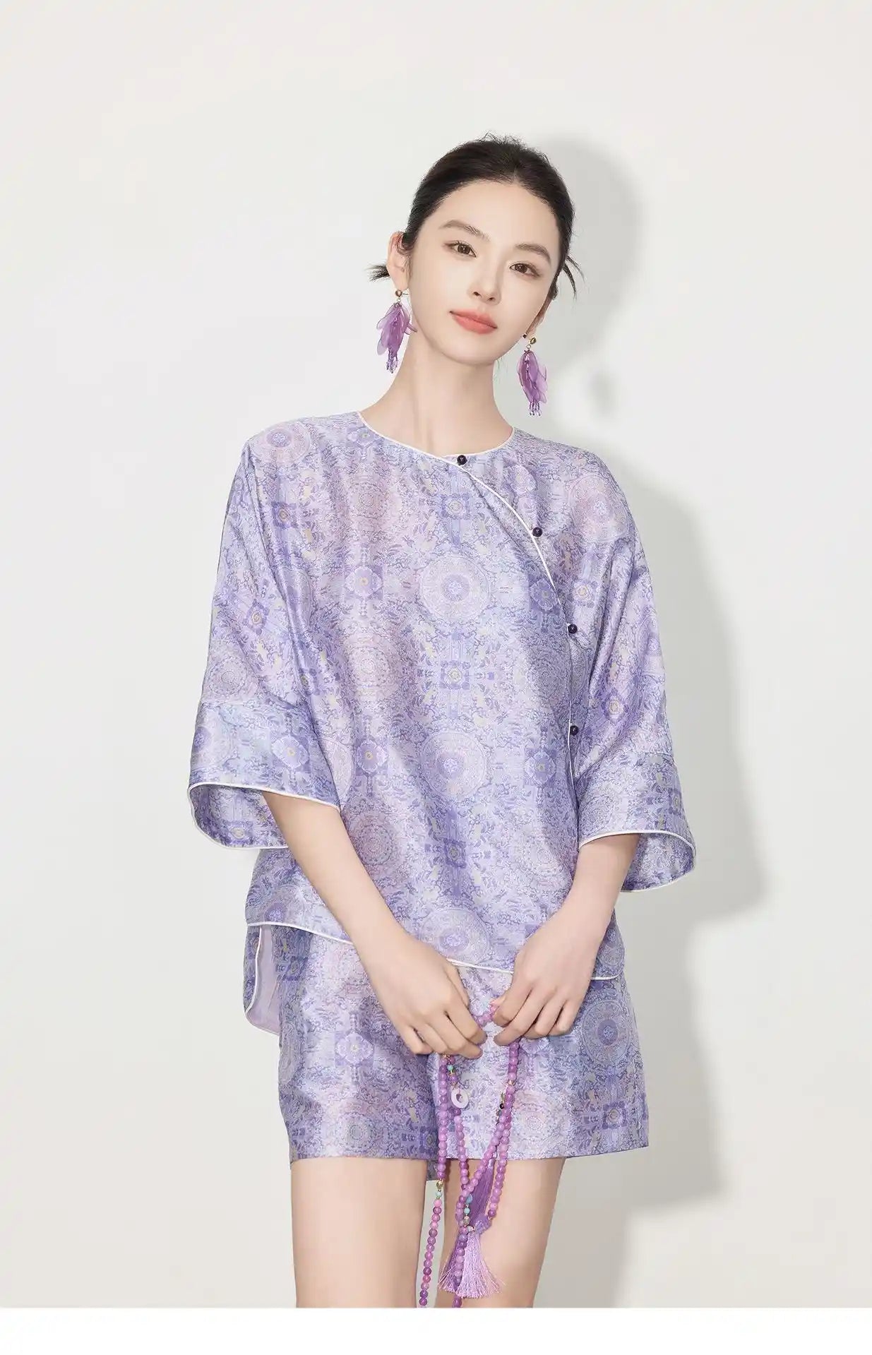 New Chinese Style - Asymmetrical Top & Elastic Waist Shorts in Lilac