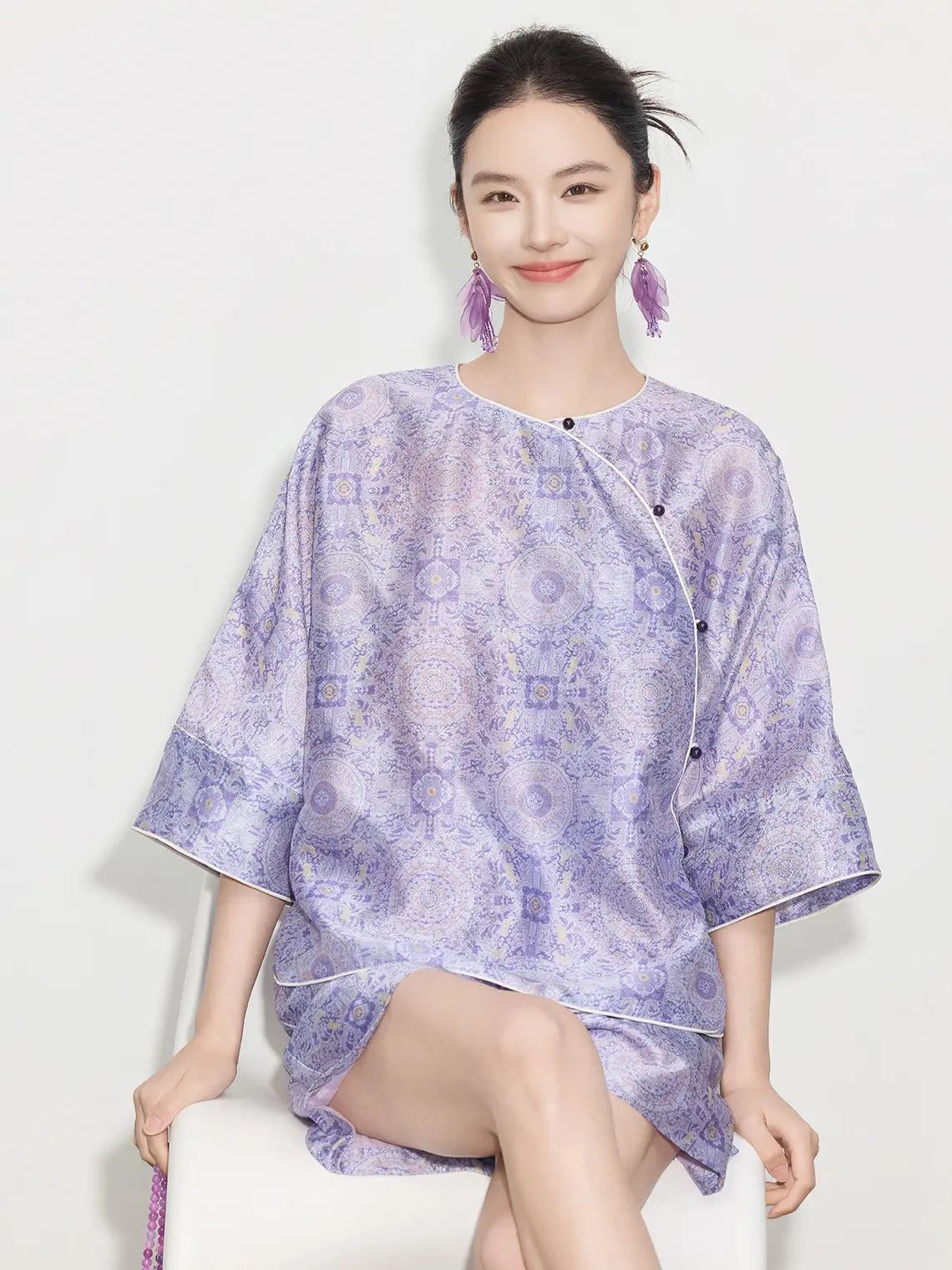 New Chinese Style - Asymmetrical Top & Elastic Waist Shorts in Lilac