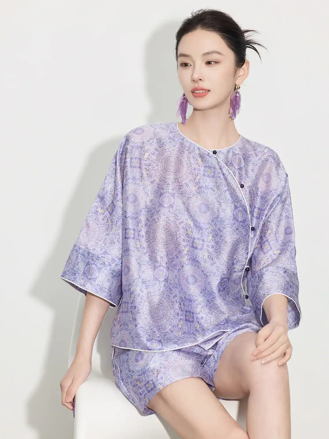 New Chinese Style - Asymmetrical Top & Elastic Waist Shorts in Lilac