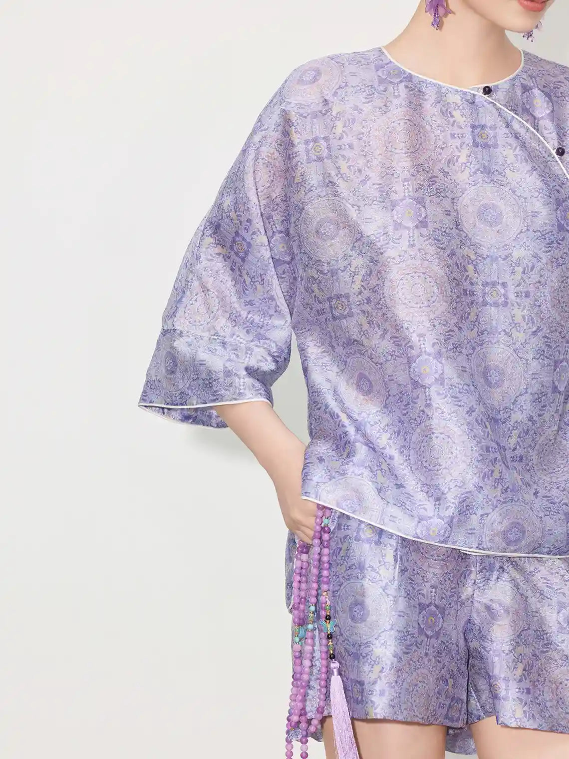 New Chinese Style - Asymmetrical Top & Elastic Waist Shorts in Lilac