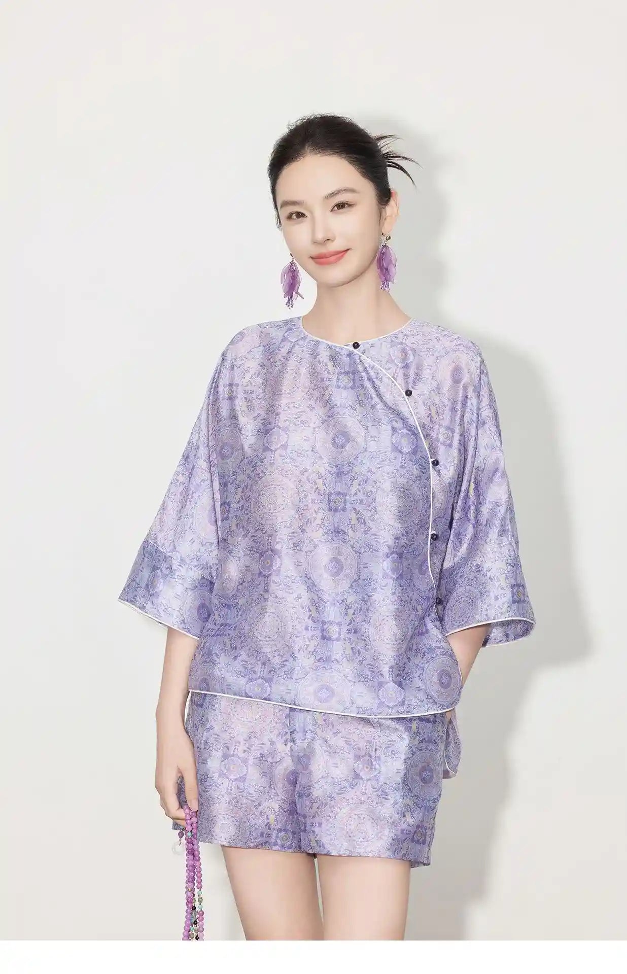 New Chinese Style - Asymmetrical Top & Elastic Waist Shorts in Lilac