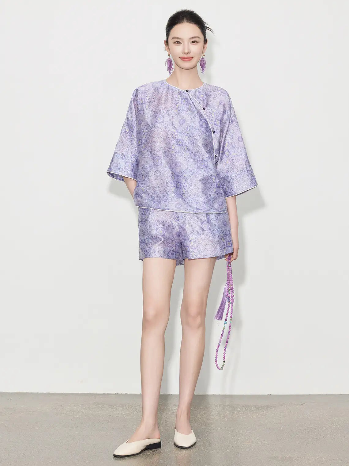 New Chinese Style - Asymmetrical Top & Elastic Waist Shorts in Lilac