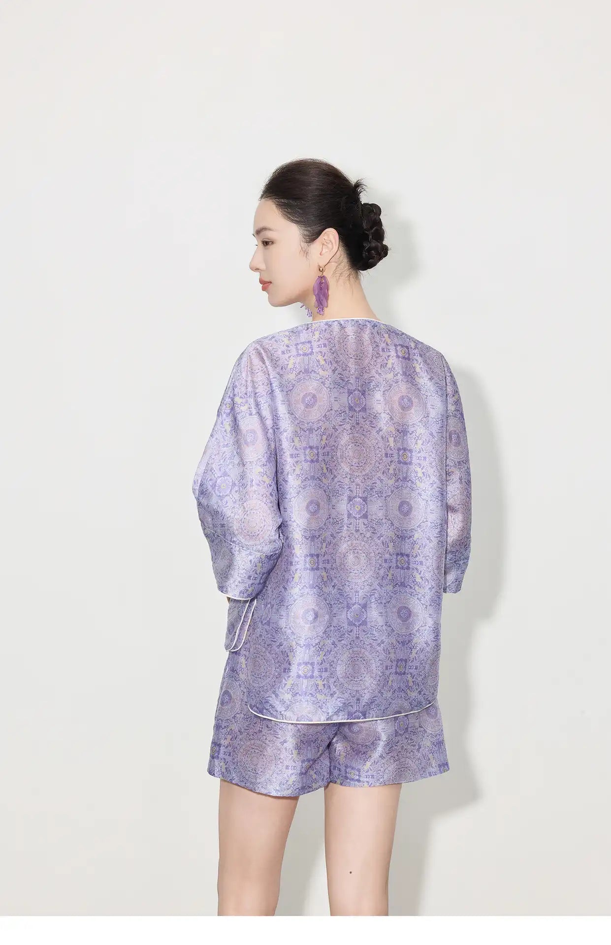 New Chinese Style - Asymmetrical Top & Elastic Waist Shorts in purple
