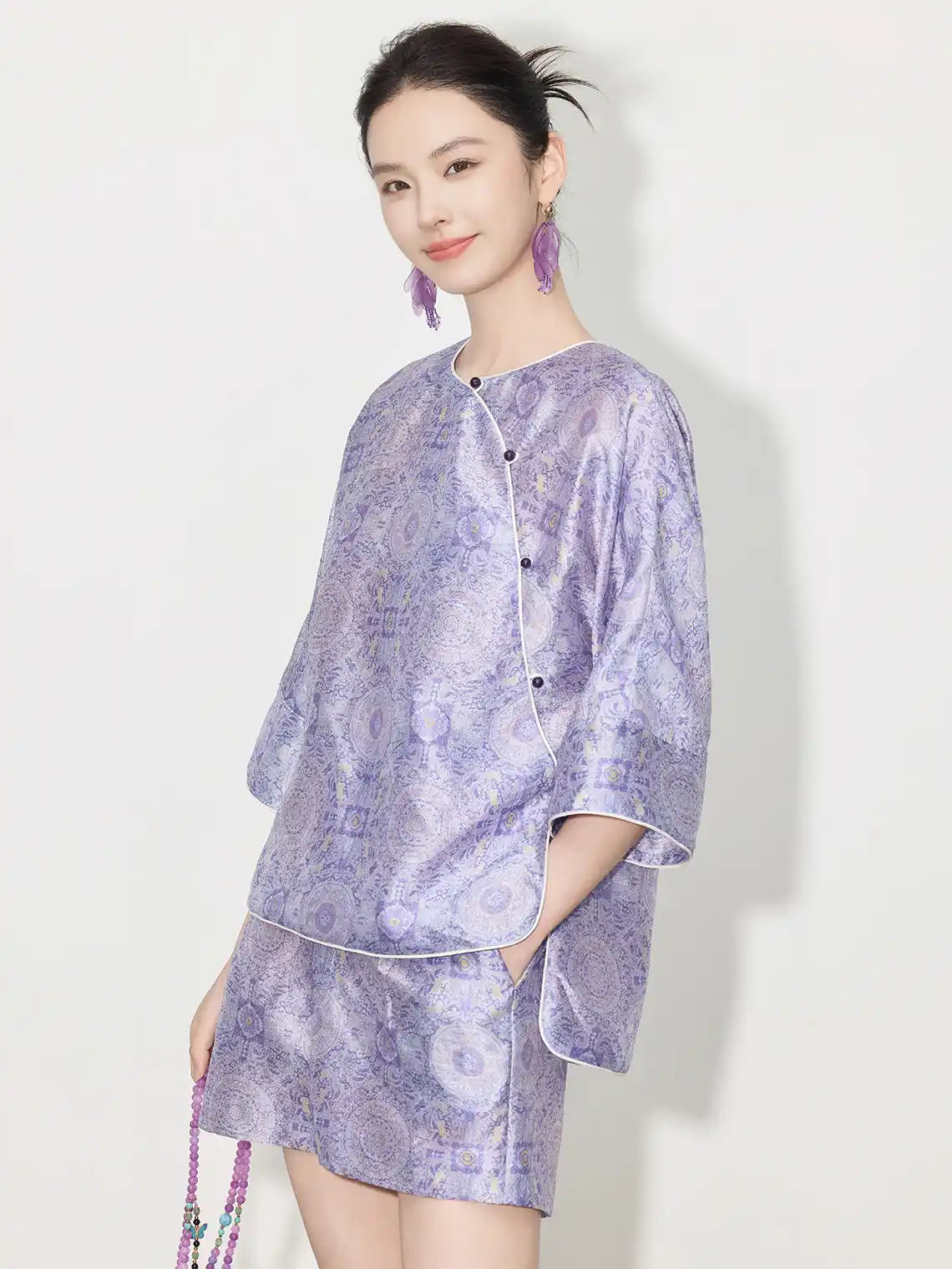 New Chinese Style - Asymmetrical Top & Elastic Waist Shorts in Lilac 