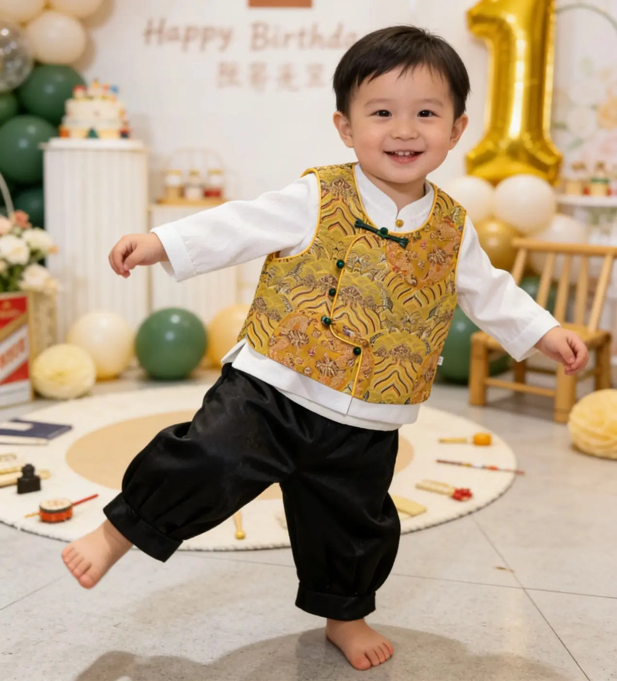 Child in a traditional New Chinese Style Baby Boy Tang Suit Dragon Vest Set  outfit  in a festive setting